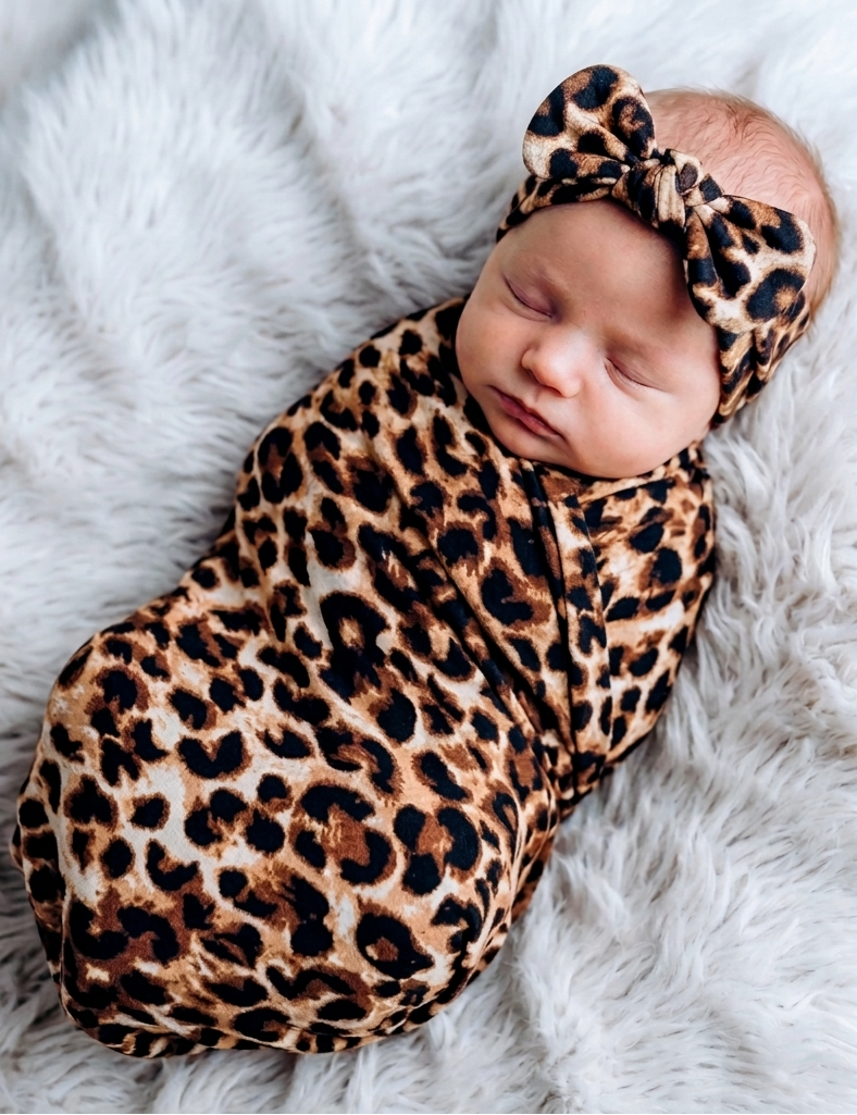 Newborn baby wrapped in a leopard print swaddle and headband on a white fluffy blanket